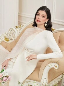 Modelyn Women's Patchwork Wrap Belted High Slit Dress - Apricot - View 5