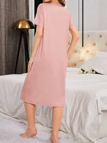 Ladies' Sleep Dress Pajama Dress With Cartoon Coffee & Snack Pattern, Moo Moo - Baby Pink - View 2