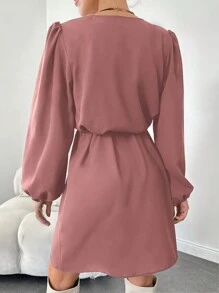 EURMUSE Women's Lace Patchwork Lantern Sleeve Belted Dress - Dusty Pink - View 2