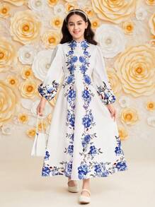 SHEIN Leap Crew Cô gái Tween Đáng yêu Đứng cổ áo Dài In hoa Đầm Tunic Với Tay áo đèn lồng , Thích hợp Đối với Kỳ nghỉ - Nhiều màu - Xem 1