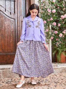 SHEIN Tween Girl Embroidered Ruffle Front Flounce Collar Shirt And Floral V-Shaped Waistband Long Skirt, And Matching Mommy And Me Outfits (2 Sets Are Sold Separately)