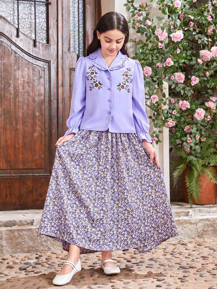 Tween Girl Embroidered Ruffle Front Flounce Collar Shirt And Floral V-Shaped Waistband Long Skirt, And Matching Mommy And Me Outfits (2 Sets Are Sold Separately)