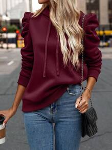 SHEIN Clasi Solid Gigot Sleeve Drawstring Hoodie Pullover Fall Sweatshirt - Burgundy - View 3