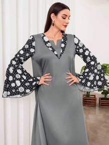 Al Najma Plaid Flower Print Patchwork Bell Sleeve Dress - Grey - View 6