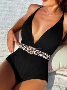SHEIN Swim Đồ bơi liền thân họa tiết da báo cho nữ có thiết kế hở lưng và thắt eo mùa hè - màu đen - Xem 2