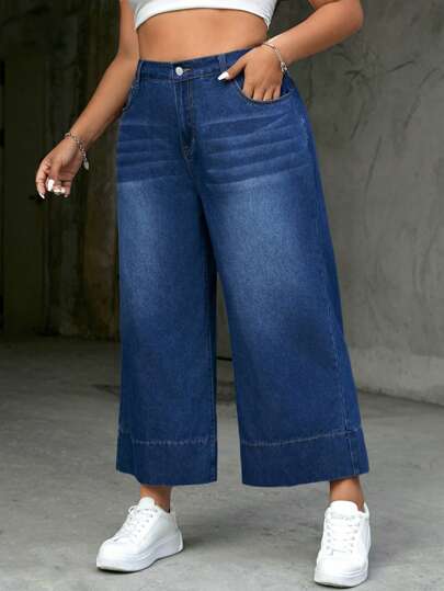 Slaydiva Plus Size Loose Fit Denim Wide Leg Cropped Pants For Beach Vacation And Casual Wear, Blue