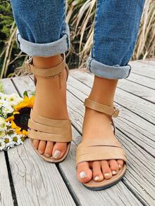 女士時尚休閑假日風格圓頭鞋底扣環涼鞋,卡其色,平底鞋 - 卡其色 - 查看 7