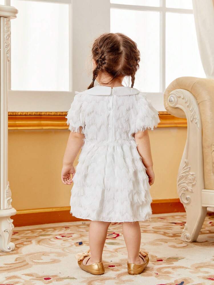 Baby Girl Spring/Summer White Peter Pan Collar Tassel Dress, Cute, Casual, Elegant