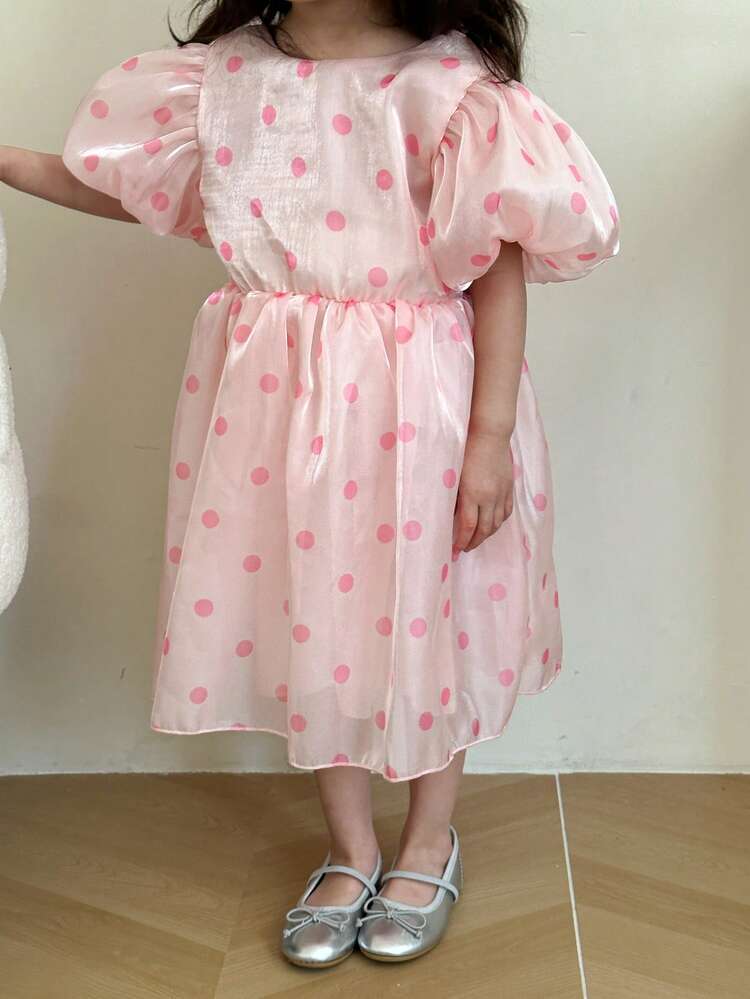 Young Girl Polka Dot Printed Lantern Sleeve Dress