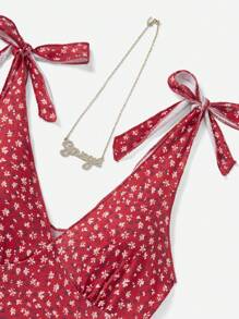 Soleia Floral Print Shoulder Tie Cropped Tank Top For Summer - Red - View 3