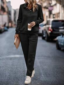 SHEIN LUNE Half Zip Sweatshirt & Drawstring Waist Sweatpants - Black - View 5