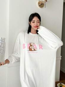 DAZY 女士小熊印花圆领家居睡衣 - 白色 - 查看 3