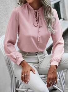 SHEIN LUNE Blusa unicolor de cuello con cordón - Rosa Pálido - Ver 5