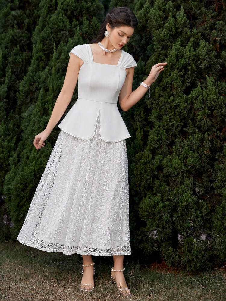 Women's Ruffled Hem Top And Lace Skirt Set 2 Pieces Set