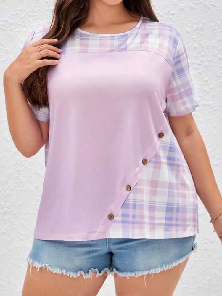 Plus Size Plaid Patchwork Decorated Button Up Tee