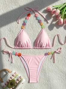 SHEIN Swim 女士花卉刺绣装饰两件套比基尼套装文胸和比基尼套装下装比基尼套装适合夏季海滩 - 粉色 - 查看 3
