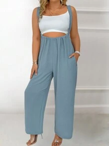 SHEIN Clasi 大碼斜口袋闊腿褲 - 藍色 - 查看 4