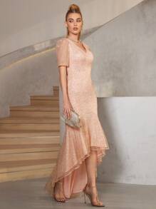 SHEIN Belle Đầm dạ hội đính hạt viền bất đối xứng thanh lịch dành cho nữ (Phong cách bền chắc) - Rượu sâm banh - Xem 6