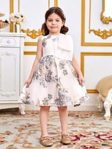 SHEIN Young Girl Leisure Round Neck Bow Decor & Bowknot Print Patchwork Dress - White - View 4