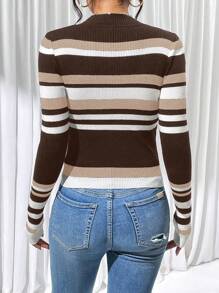 Chiquease Striped Ribbed Knitted Slim Fit Sweater, Fall Winter - Khaki - View 2