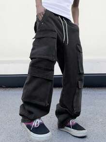 Manfinity EMRG Men's Drawstring Waist Cargo Denim Jeans - Black - View 6