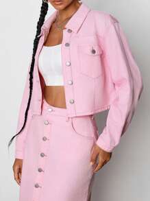 CocoBby 设计师女士短款粉色牛仔牛仔夹克，秋季，适合秋冬季，100% 纯棉，假期，度假，外出，节日 - 粉色 - 查看 1