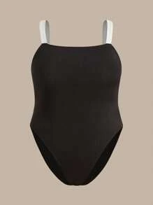 SHEIN BASICS 大尺碼女士顏色拼接背心連體衣 - 黑色 - 查看 6