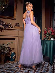 Glamaker Women's One Shoulder Sleeveless Mesh Party Evening Dress - Purple - View 2