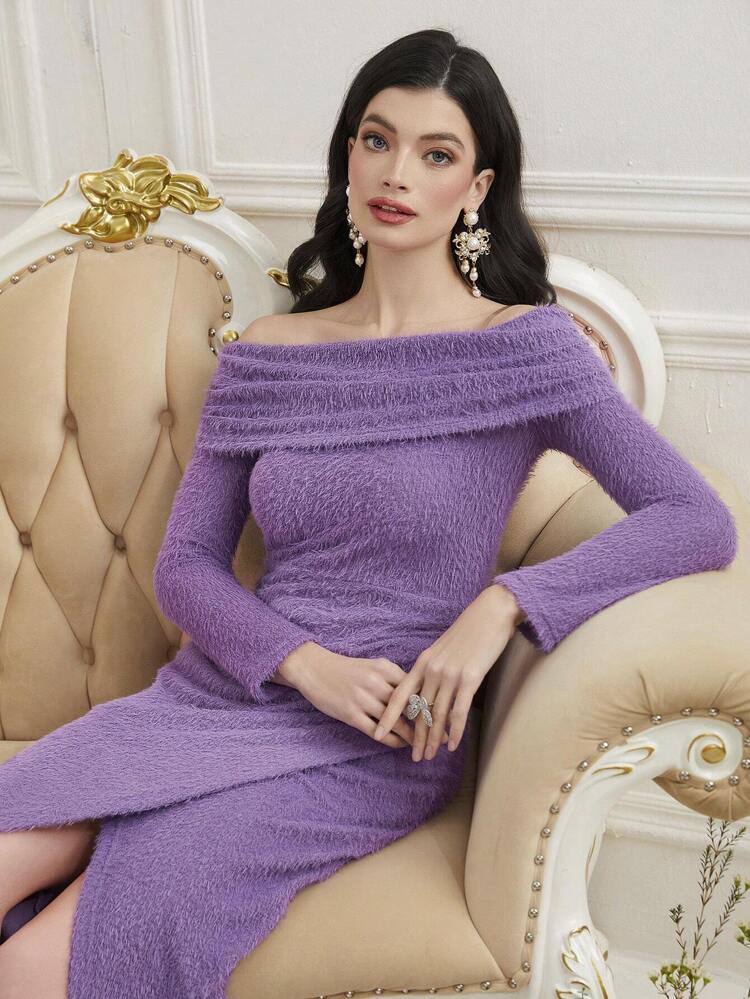 Women's Elegant Solid Color Off Shoulder Long Sleeve Dress Long Evening Dresses