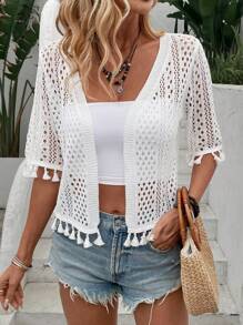 Breezaya Ladies' New Spring, Summer, Early Autumn Hollow Tassel Design Exudes A Sense Of Luxury And Casualness, French Elegance, Casual Versatility, Grand And Exquisite Quality, Gentle And Sexy Half Sleeved Knitted Pullover Top - White - View 1