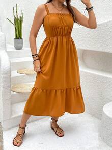 SHEIN LUNE Kích thước lớn Màu thuần Xù Hoa Sen Váy Dây - màu nâu - Xem 5