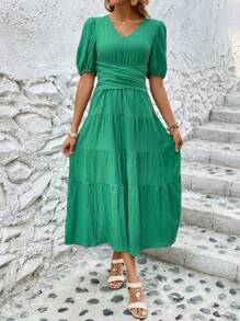 SHEIN LUNE 女性的v領短泡袖連身裙 - 綠色 - 查看 4