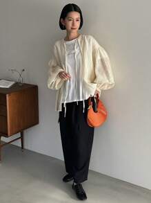 FRIFUL Women's Solid Color Textured Lantern Sleeve Shirt Long Sleeve Top - Apricot - View 6