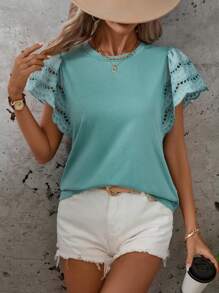 SHEIN LUNE Embroidery Lace Splicing T-Shirt - Mint Blue - View 5