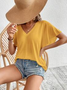 SHEIN LUNE Solid V Neck Butterfly Sleeve Tee,Casual - Yellow - View 6