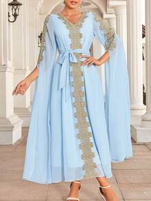 金線繡花和蕾絲拼接雪紡長袍式阿拉伯長裙 - 藍色 - 查看 5