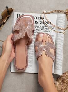 SHUZIA Của phụ nữ Đúng mốt Dép phẳng Với Pha lê Đồ trang trí - Hoa hồng vàng - Xem 1