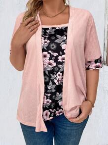 EMERY ROSE Floral Print Plus Size Splice Shirt - Watermelon Pink - View 4