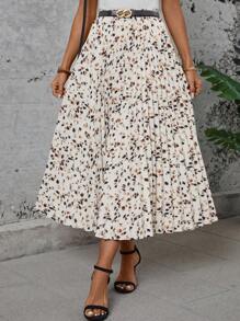 SHEIN LUNE 圆点碎花褶皱休闲松紧腰大码 A 字裙波西米亚牛仔女郎老钱节波西米亚西部服饰女士嬉皮夏季波西米亚老钱夏季女士春假狂欢节春假 - 杏色 - 查看 7