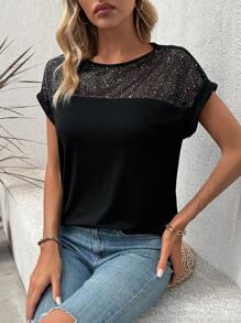 SHEIN LUNE Women's Shiny Sparkly Round Neck Short Sleeve T-Shirt