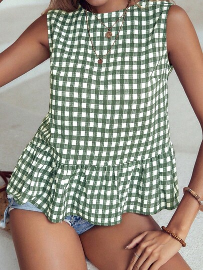 SHEIN LUNE Women's Checkered Ruffle Hem Sleeveless Blouse Peplum Top