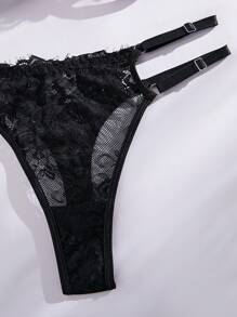 SHEIN Women's Sheer Lace Hollow Out Detail Sexy Lingerie Set - Black - View 3