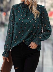 SHEIN Clasi Allover Print Flounce Sleeve Frill Trim Blouse,Long Sleeve Tops Fall Cloth For Women