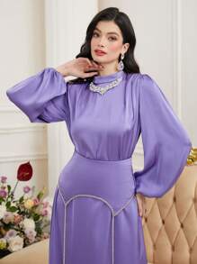 Modelyn Của phụ nữ Đứng cổ áo Tay áo lồng đèn Kiểu Ả Rập Đầm Với Pha lê Chỉnh trang - Màu tím - Xem 1