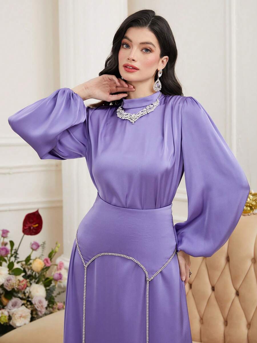 Modelyn Của phụ nữ Đứng cổ áo Tay áo lồng đèn Kiểu Ả Rập Đầm Với Pha lê Chỉnh trang - Màu tím - Xem 1
