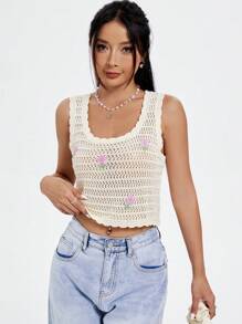 SHEIN Qutie 女士休閒花紋無袖空心針織上衣 - 杏色 - 查看 1