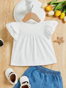 SHEIN Cute Baby Girl Flutter Sleeve Solid Color Top - White - View 2
