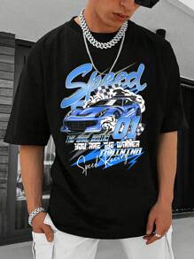 Manfinity Roghcode 男士汽车印花标语图案圆领休闲短袖 T 恤，适合朋友 - 黑色 - 查看 1