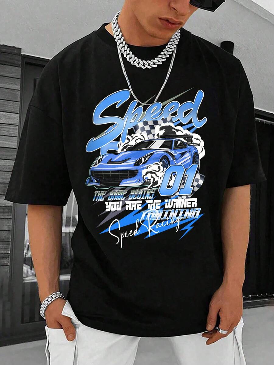 Manfinity Roghcode 男士汽车印花标语图案圆领休闲短袖 T 恤，适合朋友 - 黑色 - 查看 1