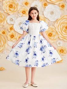 SHEIN DRMZ Tween Girl Tween Girl Waist Gathering Long Dress With Square Neckline, Floral Print, Short Puff Sleeves And Bubble Hem